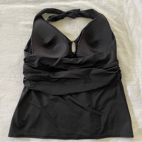 Land’s End Size 14 Black Swim Top Ruched Halter Tie-Neck V-Neck Keyhole Tankini - Picture 2 of 9